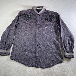 Roar Shirt Mens Large Gray Paisley Embroidered Snap Long Sleeve Thrones II